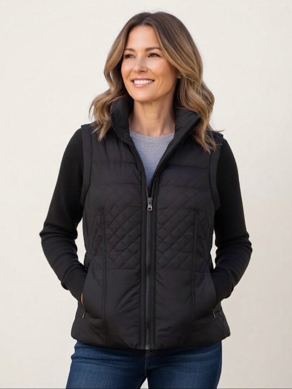 Desigual Sz M Black Quilted Knit Sleeves Full Zip Outdoor Jacket
